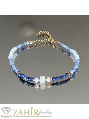 Мега яка гривна за ръка или глезен от естествен содалит и аквамарин 3 мм топче, сърце от хематит и стоманени елементи, закопчалка и удължител - GA3128